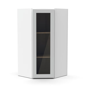 RTA - White Diagonal Corner Glass Door Wall Cabinets - 36"H x 27"W x 15"D