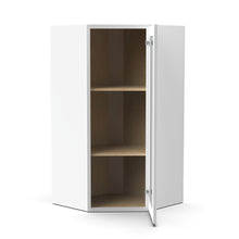 Load image into Gallery viewer, RTA - White Diagonal Corner Glass Door Wall Cabinets - 36&quot;H x 27&quot;W x 15&quot;D