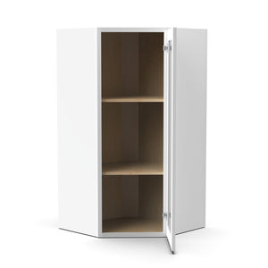 RTA - White Diagonal Corner Glass Door Wall Cabinets - 36"H x 27"W x 15"D