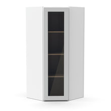 Load image into Gallery viewer, RTA - White Diagonal Corner Glass Door Wall Cabinets - 42&quot;H x 27&quot;W x 15&quot;D