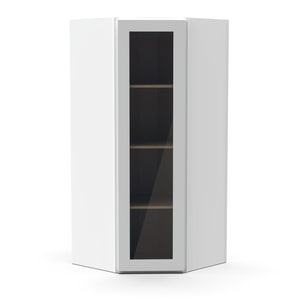 RTA - White Diagonal Corner Glass Door Wall Cabinets - 42"H x 27"W x 15"D