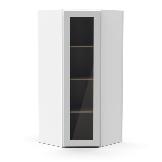 RTA - White Diagonal Corner Glass Door Wall Cabinets - 42"H x 27"W x 15"D