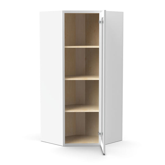 RTA - White Diagonal Corner Glass Door Wall Cabinets - 42"H x 27"W x 15"D