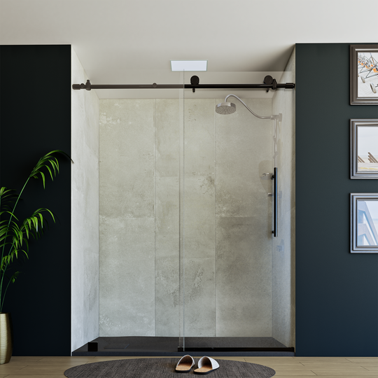 60" x 76" Frameless Shower Door with Black - Solid Surface Shower Base Tray - Shower Kit with covered drain - and 5pc Shower Wall System