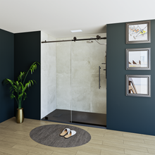 Load image into Gallery viewer, 60&quot; x 76&quot; Frameless Shower Door with Black - Solid Surface Shower Base Tray - Shower Kit with covered drain - and 5pc Shower Wall System