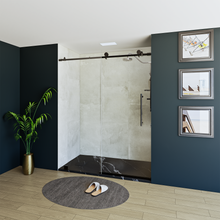 Load image into Gallery viewer, 60&quot; x 76&quot; Frameless Shower Door with Black - Solid Surface Shower Base Tray - Shower Kit with covered drain - and 5pc Shower Wall System