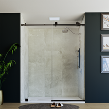 Load image into Gallery viewer, 60&quot; x 76&quot; Frameless Shower Door with Black - Solid Surface Shower Base Tray - Shower Kit with covered drain - and 5pc Shower Wall System