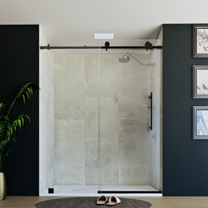 60" x 76" Frameless Shower Door with Black - Solid Surface Shower Base Tray - Shower Kit with covered drain - and 5pc Shower Wall System