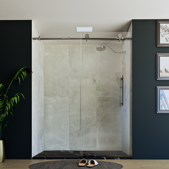 60" X 76" Armani Grey Alcove Shower Wall Kit - Shower Door / Wall System / Solid Surface Shower Base Tray with Covered Drain
