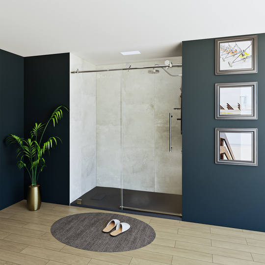 60" X 76" Armani Grey Alcove Shower Wall Kit - Shower Door / Wall System / Solid Surface Shower Base Tray with Covered Drain