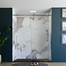 Load image into Gallery viewer, 60&quot; X 76&quot; Armani Grey Alcove Shower Wall Kit - Shower Door / Wall System / Solid Surface Shower Base Tray with Covered Drain