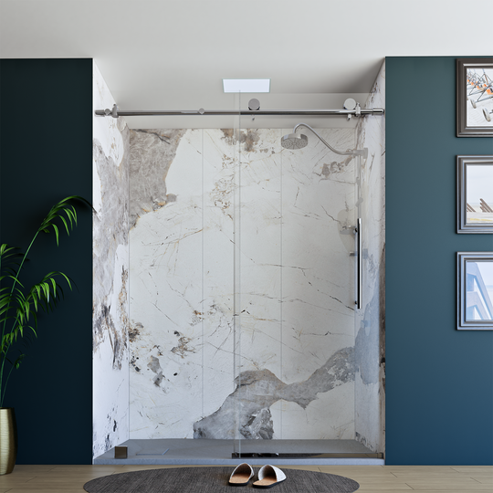 60" X 76" Armani Grey Alcove Shower Wall Kit - Shower Door / Wall System / Solid Surface Shower Base Tray with Covered Drain