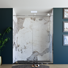Load image into Gallery viewer, 60 x 76 Inch Frameless Wall to Wall Shower Enclosure with One Fixed Glass &amp; One Sliding Door, Clear Tempered Glass: 8mm, Chrome Finish - PRO