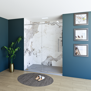 60" X 76" Armani Grey Alcove Shower Wall Kit - Shower Door / Wall System / Solid Surface Shower Base Tray with Covered Drain