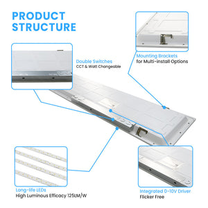 1 ft. x 4 ft. LED Flat Panel Light 20W/30W/40W Wattage Adjustable, 4000k/5000K/6500K CCT Changeable, Dip Switch, 0-10V Dim, 120-277V, ETL, DLC 5.1, Recessed Back-lit Fixture