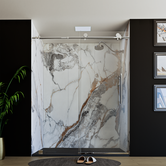 60" X 76" Armani Grey Alcove Shower Wall Kit - Shower Door / Wall System / Solid Surface Shower Base Tray with Covered Drain