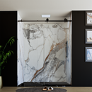 Load image into Gallery viewer, 60&quot; x 76&quot; Frameless Shower Door with Black - Solid Surface Shower Base Tray - Shower Kit with covered drain - and 5pc Shower Wall System