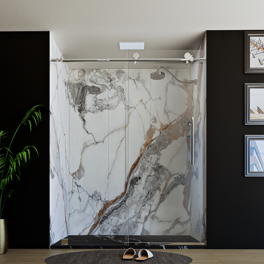 60" X 76" Armani Grey Alcove Shower Wall Kit - Shower Door / Wall System / Solid Surface Shower Base Tray with Covered Drain