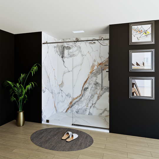 60" X 76" Armani Grey Alcove Shower Wall Kit - Shower Door / Wall System / Solid Surface Shower Base Tray with Covered Drain