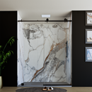 Load image into Gallery viewer, 60&quot; x 76&quot; Frameless Shower Door with Black - Solid Surface Shower Base Tray - Shower Kit with covered drain - and 5pc Shower Wall System