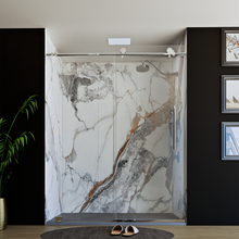 Load image into Gallery viewer, 60&quot; X 76&quot; Armani Grey Alcove Shower Wall Kit - Shower Door / Wall System / Solid Surface Shower Base Tray with Covered Drain