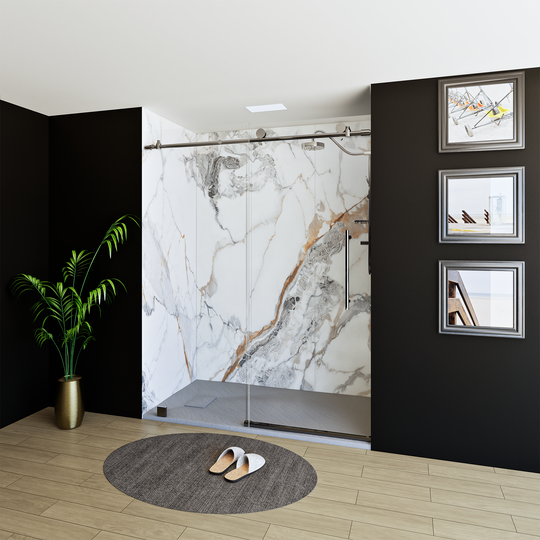 60" X 76" Armani Grey Alcove Shower Wall Kit - Shower Door / Wall System / Solid Surface Shower Base Tray with Covered Drain