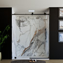 Load image into Gallery viewer, 60&quot; x 76&quot; Frameless Shower Door with Black - Solid Surface Shower Base Tray - Shower Kit with covered drain - and 5pc Shower Wall System