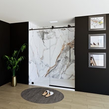 Load image into Gallery viewer, 60&quot; x 76&quot; Frameless Shower Door with Black - Solid Surface Shower Base Tray - Shower Kit with covered drain - and 5pc Shower Wall System