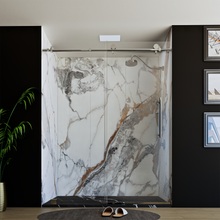 Load image into Gallery viewer, 60&quot; X 76&quot; Armani Grey Alcove Shower Wall Kit - Shower Door / Wall System / Solid Surface Shower Base Tray with Covered Drain
