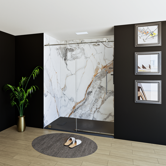 60" X 76" Armani Grey Alcove Shower Wall Kit - Shower Door / Wall System / Solid Surface Shower Base Tray with Covered Drain