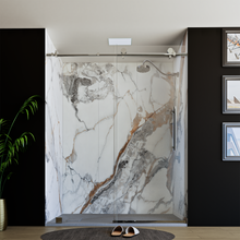 Load image into Gallery viewer, 60&quot; X 76&quot; Armani Grey Alcove Shower Wall Kit - Shower Door / Wall System / Solid Surface Shower Base Tray with Covered Drain