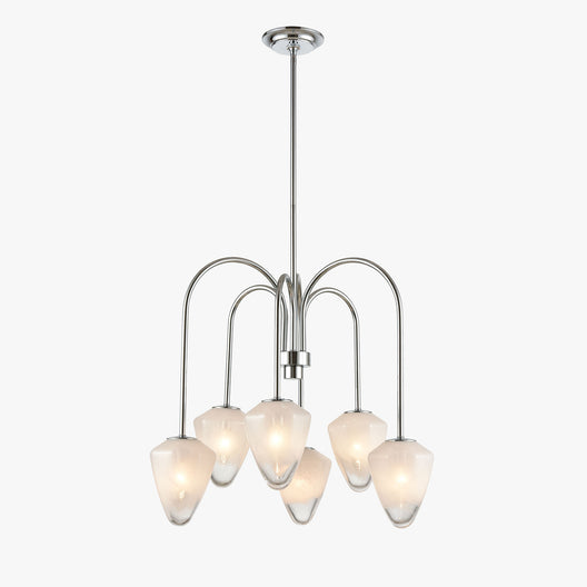 Flower Chandelier, 6-Light E12 Base, Polished Nickel Finish hardware with snow glass