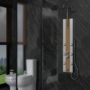 55 in. 6-Jet  Stainless Steel Bamboo Wood Shower Panel System With Adjustable Round Rainfall Showerhead, Handheld Shower & Tub Spout, Self-Cleaning & Jet Massage Feature