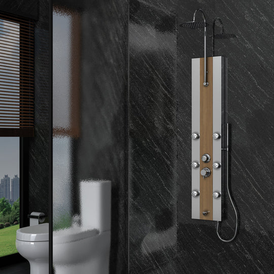 55 in. 6-Jet  Stainless Steel Bamboo Wood Shower Panel System With Adjustable Round Rainfall Showerhead, Handheld Shower & Tub Spout, Self-Cleaning & Jet Massage Feature