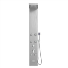 Load image into Gallery viewer, 53 in. 6-Jet Stainless Steel Shower Panel System w/ Fixed Rainfall &amp; Waterfall Shower Head, Tub Spout &amp; Handheld, Jet Massage Feature