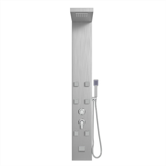 53 in. 6-Jet Stainless Steel Shower Panel System w/ Fixed Rainfall & Waterfall Shower Head, Tub Spout & Handheld, Jet Massage Feature