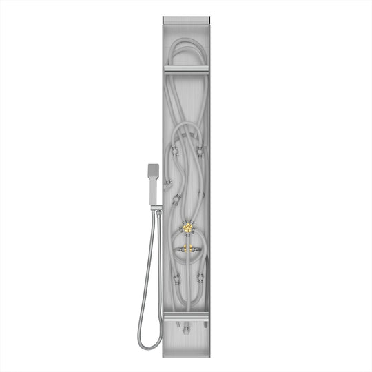 53 in. 6-Jet Stainless Steel Shower Panel System w/ Fixed Rainfall & Waterfall Shower Head, Tub Spout & Handheld, Jet Massage Feature