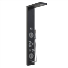 Load image into Gallery viewer, 55 in. 6-Jet Stainless Steel Matte Black Shower Panel System w/ Fixed LED Rainfall &amp; Waterfall Showerhead, Temp Display, Tub Spout &amp; Handheld