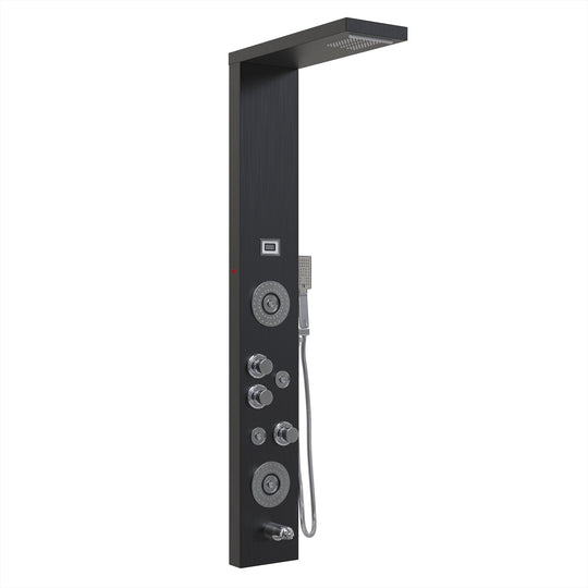 55 in. 6-Jet Stainless Steel Matte Black Shower Panel System w/ Fixed LED Rainfall & Waterfall Showerhead, Temp Display, Tub Spout & Handheld