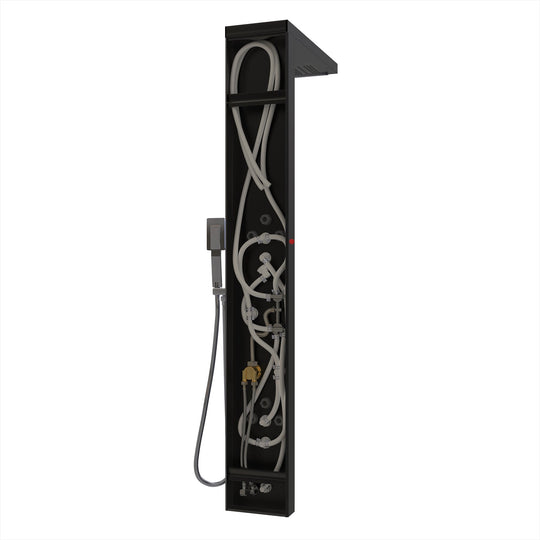 55 in. 6-Jet Stainless Steel Matte Black Shower Panel System w/ Fixed LED Rainfall & Waterfall Showerhead, Temp Display, Tub Spout & Handheld