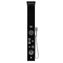 Load image into Gallery viewer, 55 in. 6-Jet Stainless Steel Matte Black Shower Panel System w/ Fixed LED Rainfall &amp; Waterfall Showerhead, Temp Display, Tub Spout &amp; Handheld