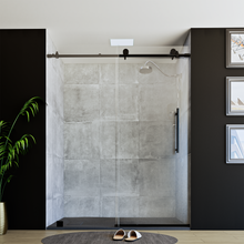 Load image into Gallery viewer, 60&quot; x 76&quot; Frameless Shower Door with Black - Solid Surface Shower Base Tray - Shower Kit with covered drain - and 5pc Shower Wall System