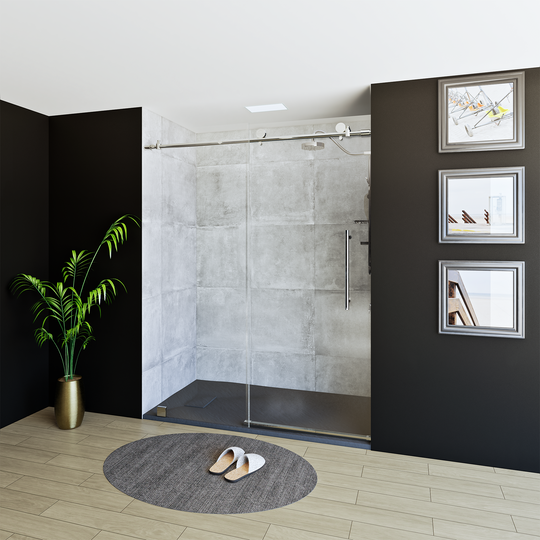 60" X 76" Armani Grey Alcove Shower Wall Kit - Shower Door / Wall System / Solid Surface Shower Base Tray with Covered Drain