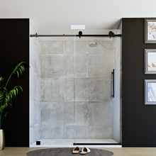 Load image into Gallery viewer, 60&quot; x 76&quot; Frameless Shower Door with Black - Solid Surface Shower Base Tray - Shower Kit with covered drain - and 5pc Shower Wall System