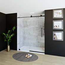 Load image into Gallery viewer, 60&quot; x 76&quot; Frameless Shower Door with Black - Solid Surface Shower Base Tray - Shower Kit with covered drain - and 5pc Shower Wall System