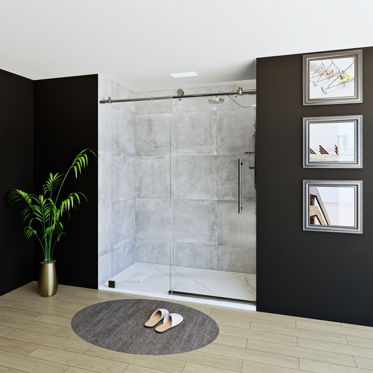 60" X 76" Armani Grey Alcove Shower Wall Kit - Shower Door / Wall System / Solid Surface Shower Base Tray with Covered Drain