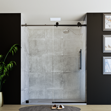 Load image into Gallery viewer, 60&quot; x 76&quot; Frameless Shower Door with Black - Solid Surface Shower Base Tray - Shower Kit with covered drain - and 5pc Shower Wall System