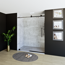 Load image into Gallery viewer, 60&quot; x 76&quot; Frameless Shower Door with Black - Solid Surface Shower Base Tray - Shower Kit with covered drain - and 5pc Shower Wall System