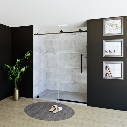 60" x 76" Frameless Shower Door with Black - Solid Surface Shower Base Tray - Shower Kit with covered drain - and 5pc Shower Wall System