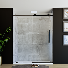 Load image into Gallery viewer, 60&quot; x 76&quot; Frameless Shower Door with Black - Solid Surface Shower Base Tray - Shower Kit with covered drain - and 5pc Shower Wall System